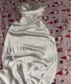 White Satin Gown with Crystal Neckline