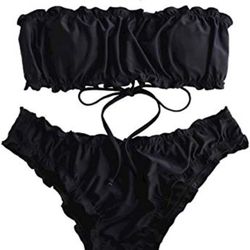 Women's Striped Smocked Bandeau Bikini Set Strapless Shirred Padded Two Piece Swimsuits