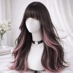 24 inch black curly wig with pink highlight