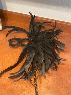 Black Feather Masquerade Mask on Stick