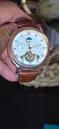 BiBi Men's Automatic Rose Gold Tone Moon Phase Open Heart Brown Leather Watch..