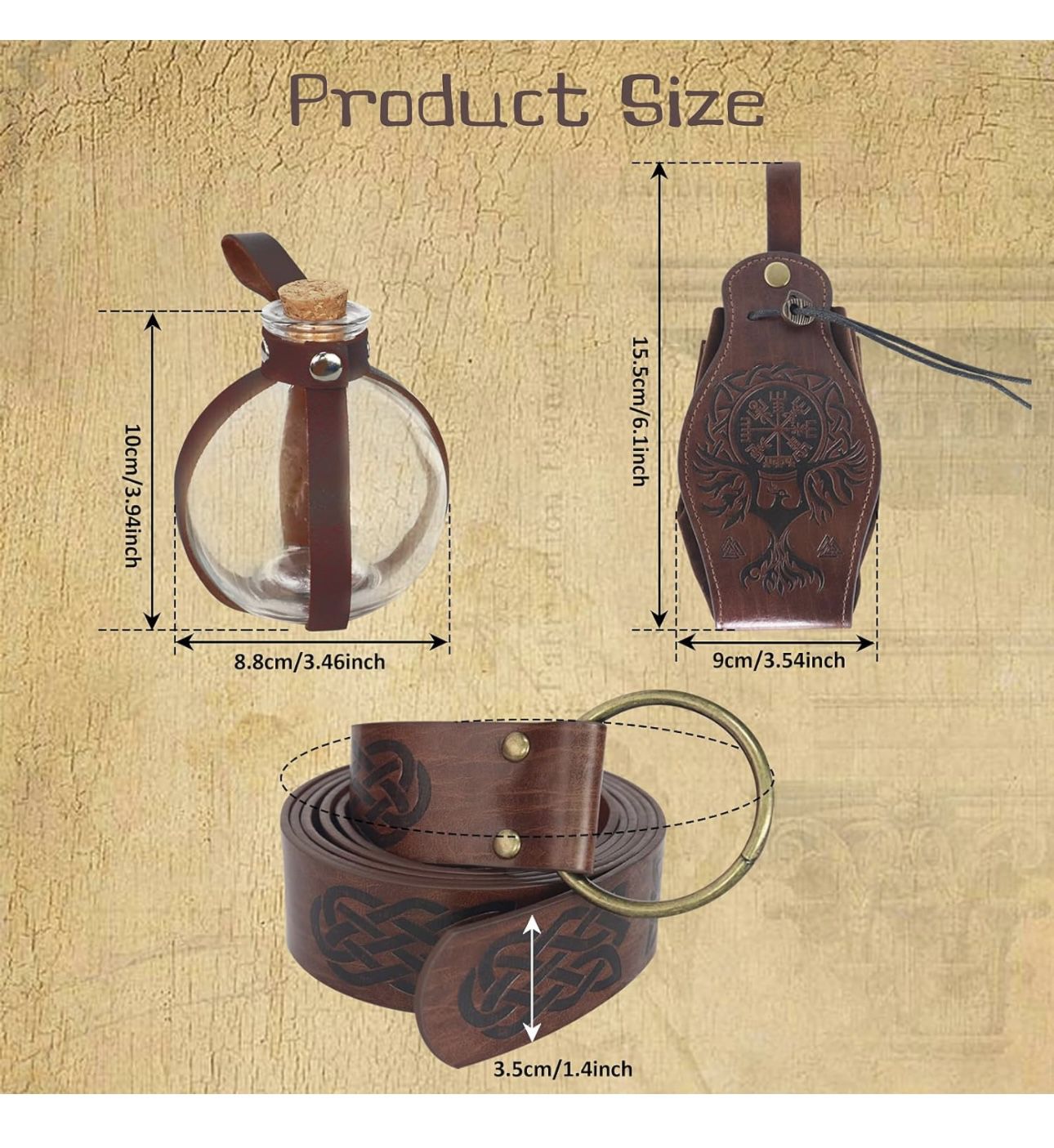 3 Pcs Medieval Viking Belt Kit, Medieval Bag Renaissance Accessories, Faux Leather Belt & Pouch Cork & Potion Bottle Brown
