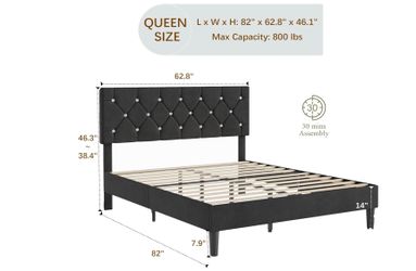 Black Velvet Upholstered Queen Bed Frame with Crystal Tufted Headboard – Platform Bed