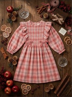 Girls Pink Plaid Smocked Ruffle Dress
