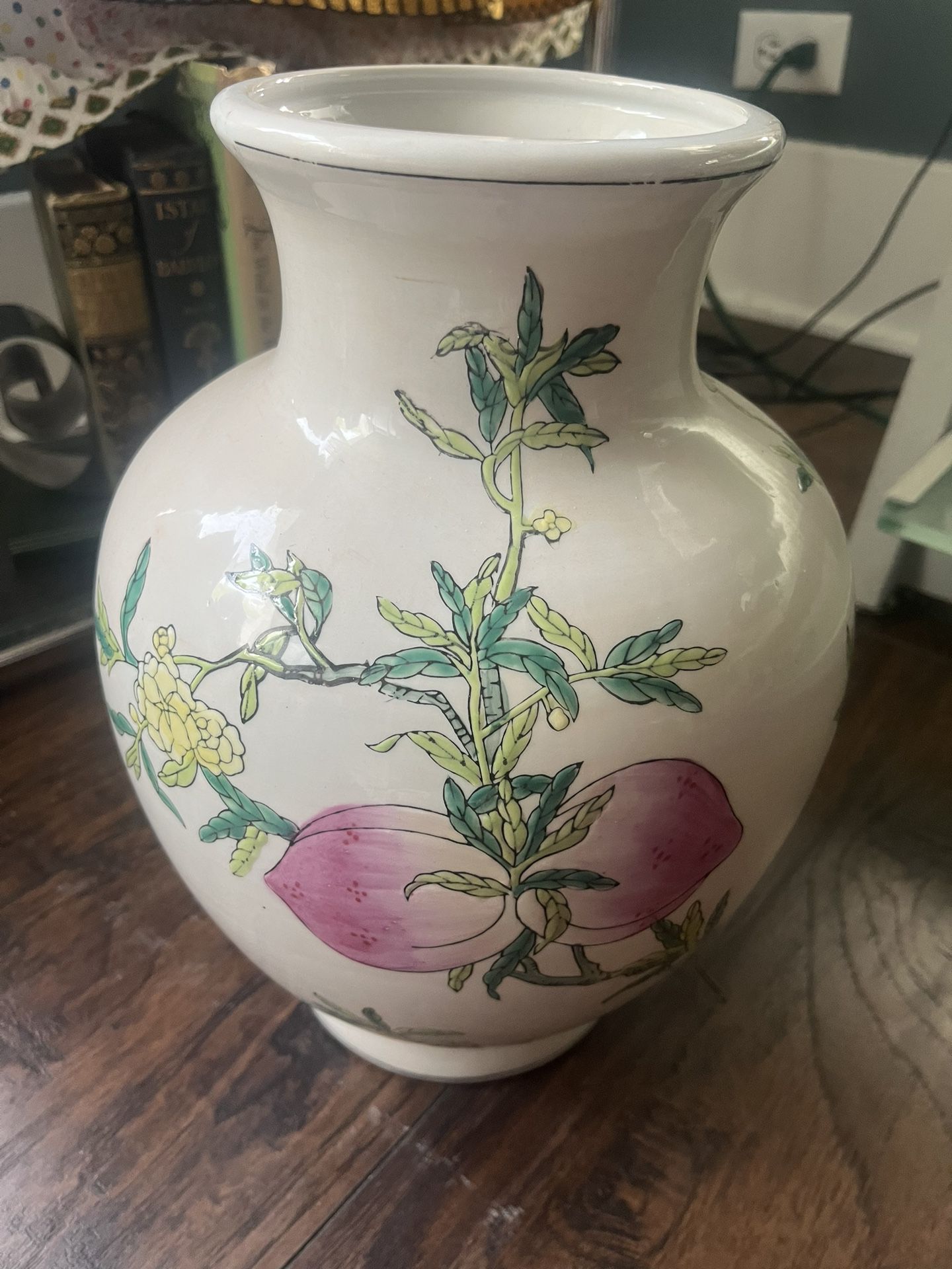 Large Rose Famille Peach Porcelain Hand-painted Vase, Oversized Chinese Vase, Unique Vintage Oriental Ceramics, Asian Centerpiece