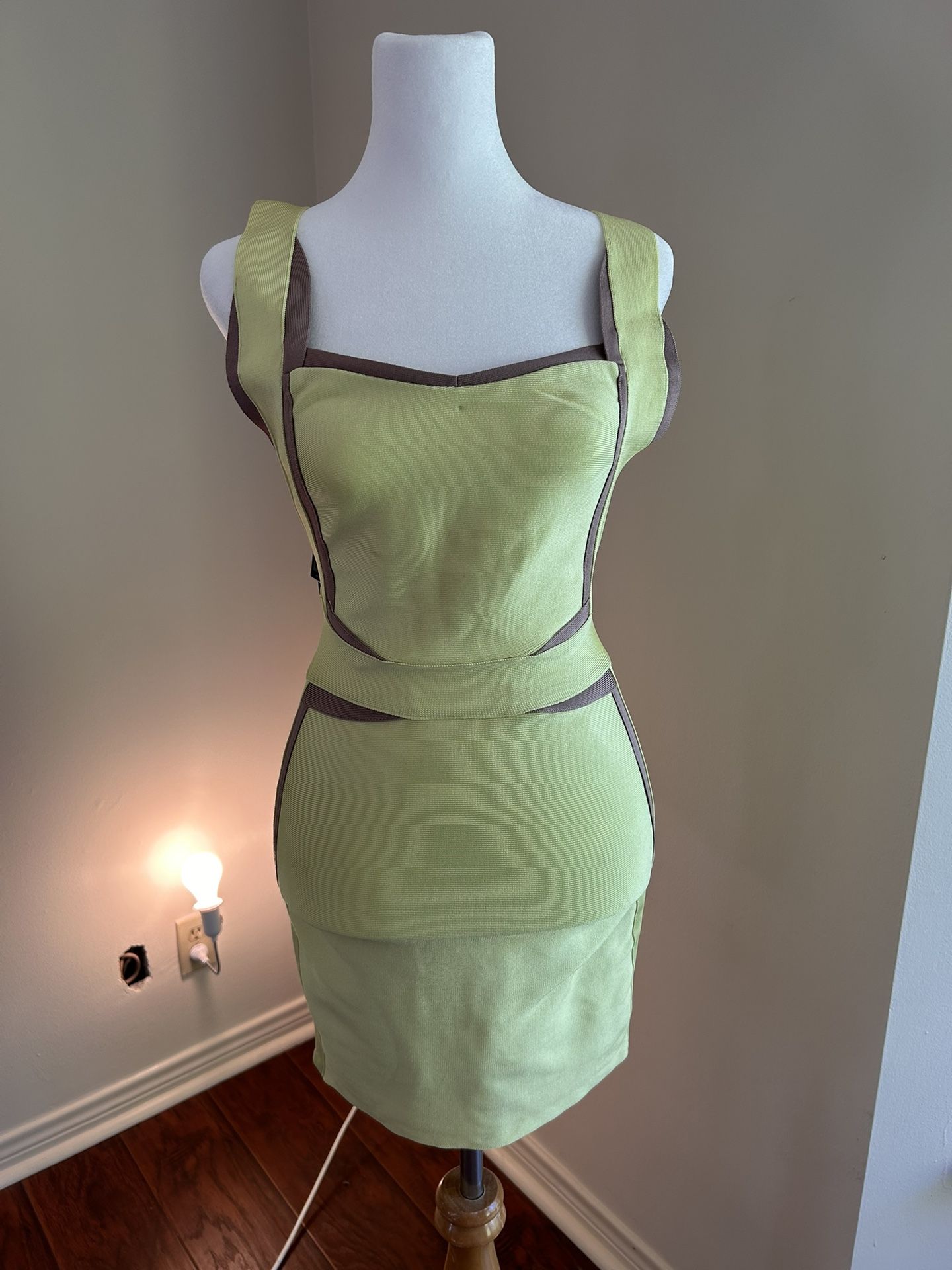 Bandage mini dress Bodycone low cut rectangular shape neck party dress lite pastel green & accent of Grey