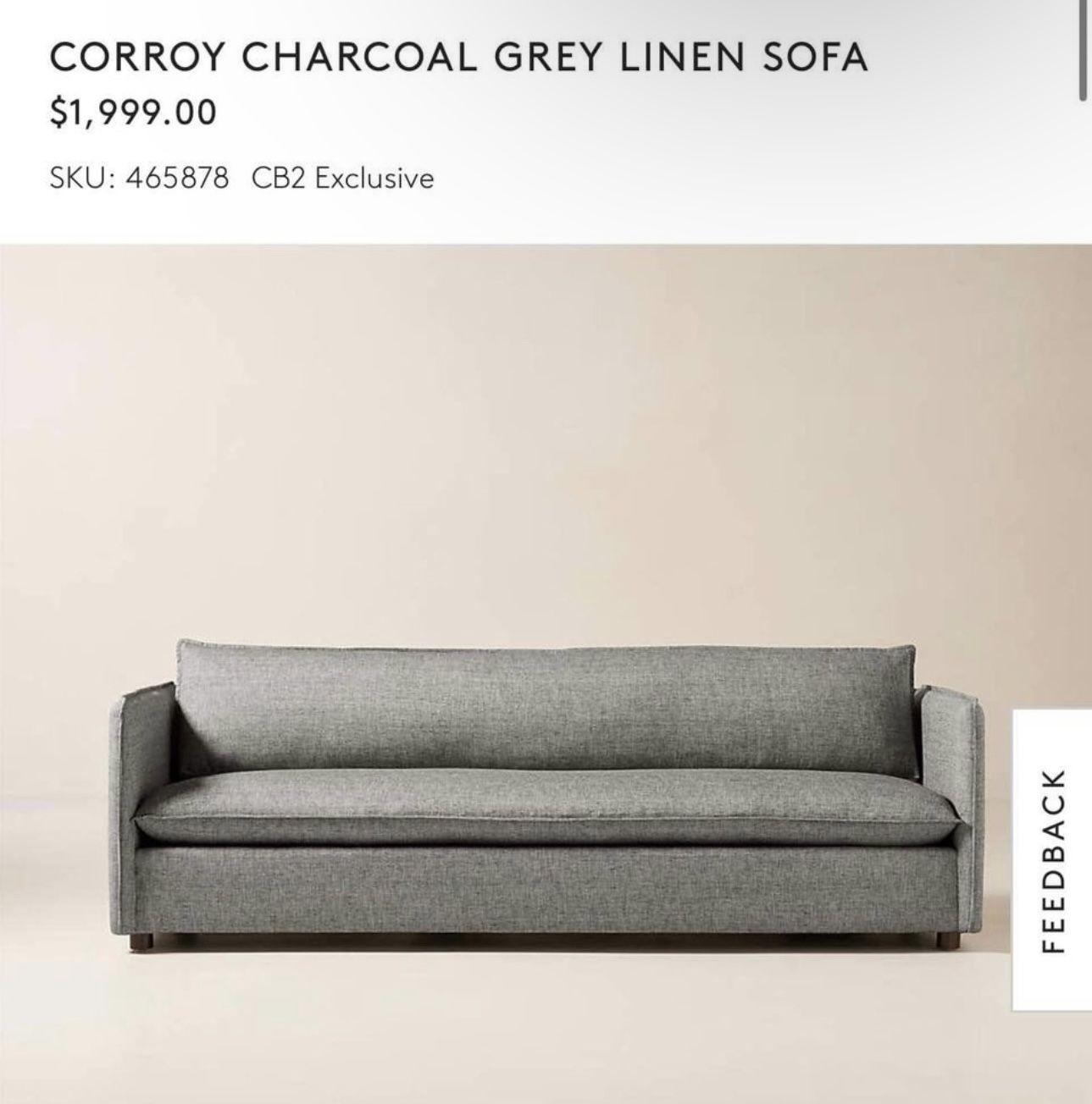 CB2 CORROY CHARCOAL GREY LINEN SOFA