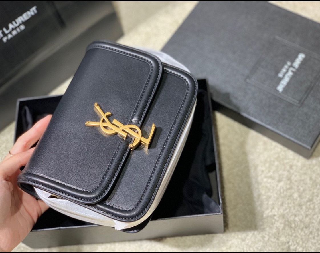 SAINT LAURENT Saint Laurent YSL SOLFERINO Gold Logo Calfskin Single Shoulder Crossbody Bag Medium Size Women's Black(174)32