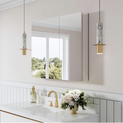 36" x 30" Bathroom Medicine Cabinet with Mirror, Medicine Cabinet with Adjustable Glass Shelves, Anodized Chrome Aluminum Mirror Cabinet, Reverse Door