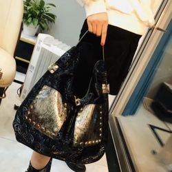 Big Soft Vegan Leather Rivets Pockets Hobo Holographic Embossed Shoulder Bag