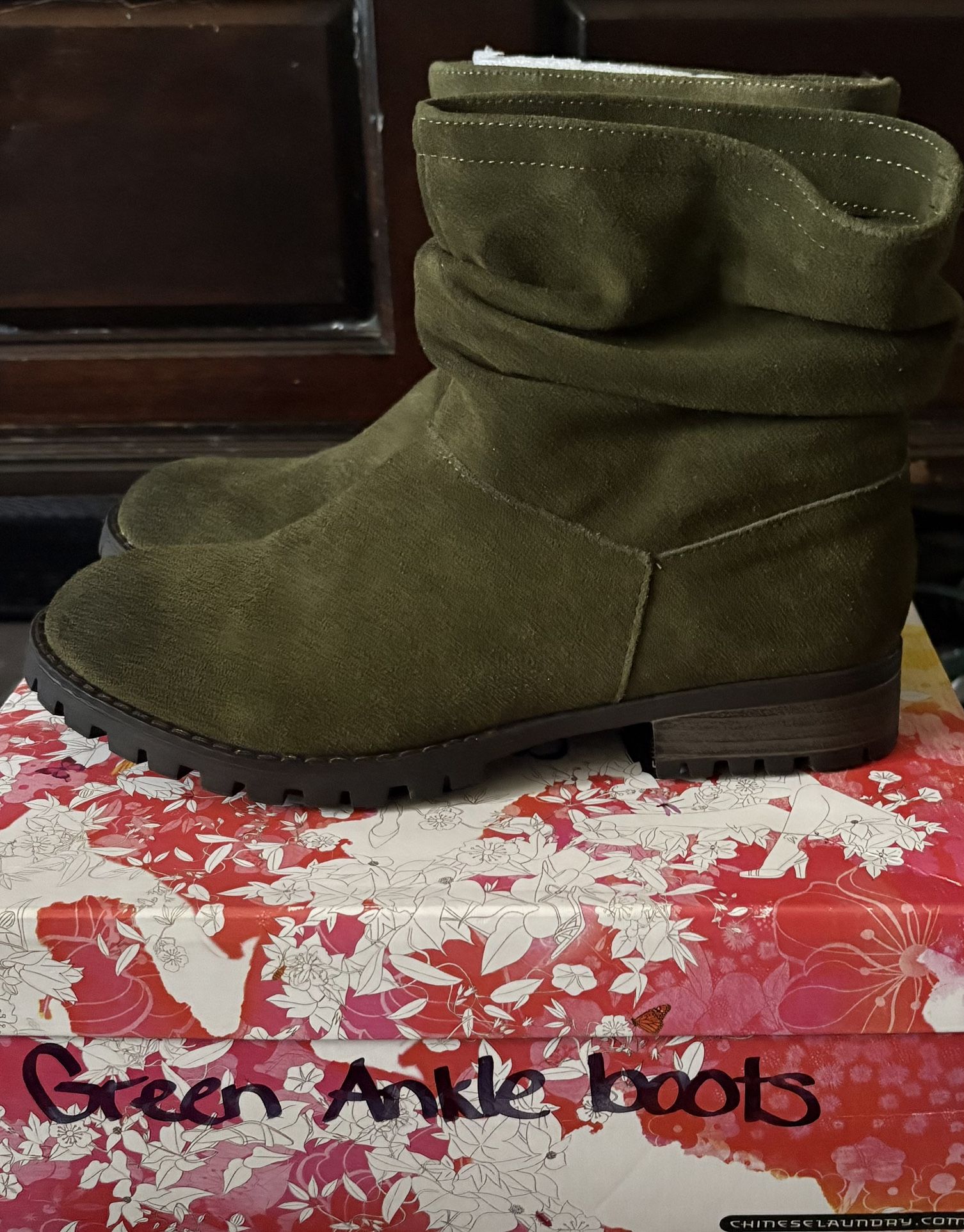 Green. Suede. Ankle Boots Size 8