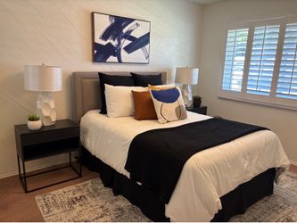 Full Size Upholstered Bed in Classic Grey Linen Includes Mattress, Topper and Box Spring