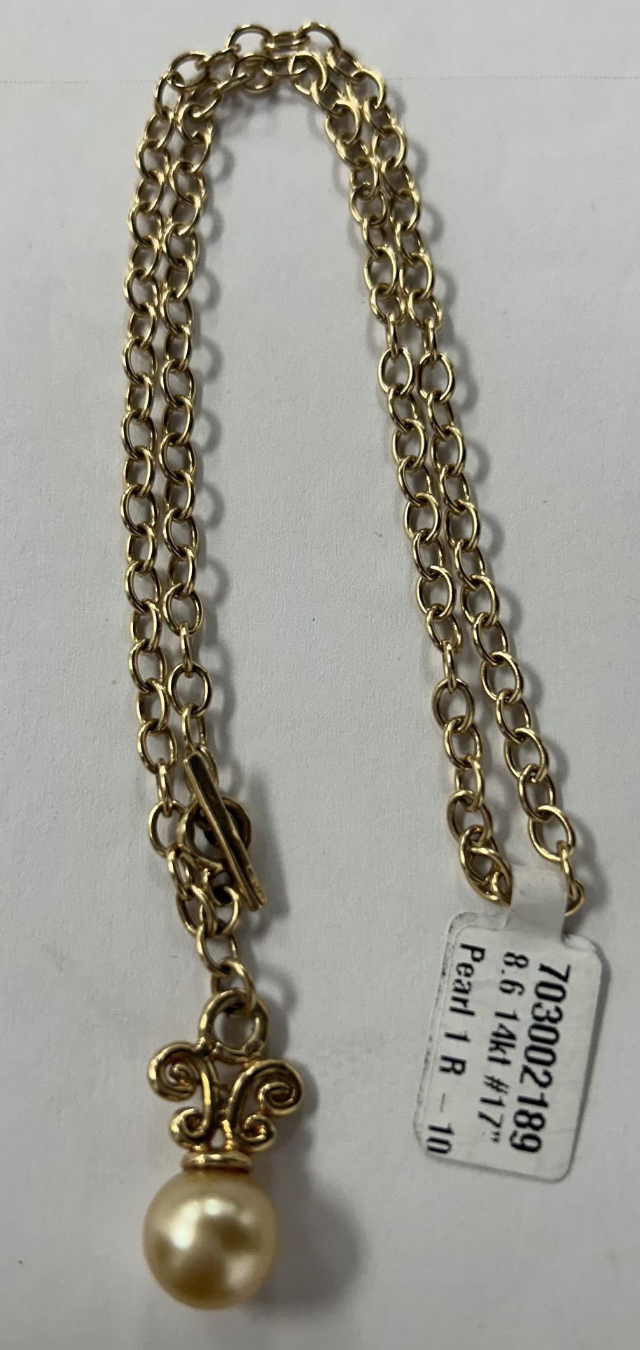 14K Gold w/Pearl Toggle Style Necklace-17” Long
