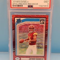 2024 Donruss Rated Rookie Jayden Daniels #389 Optic Preview Red Wave Prizm PSA 9