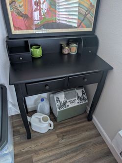 Small Black Wooden Secretary Desk with Detached Hutch
