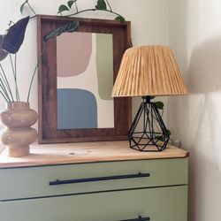 Boho Upcycled Table Lamp – Modern Geometric Base – Warm Raffia Shade – $60