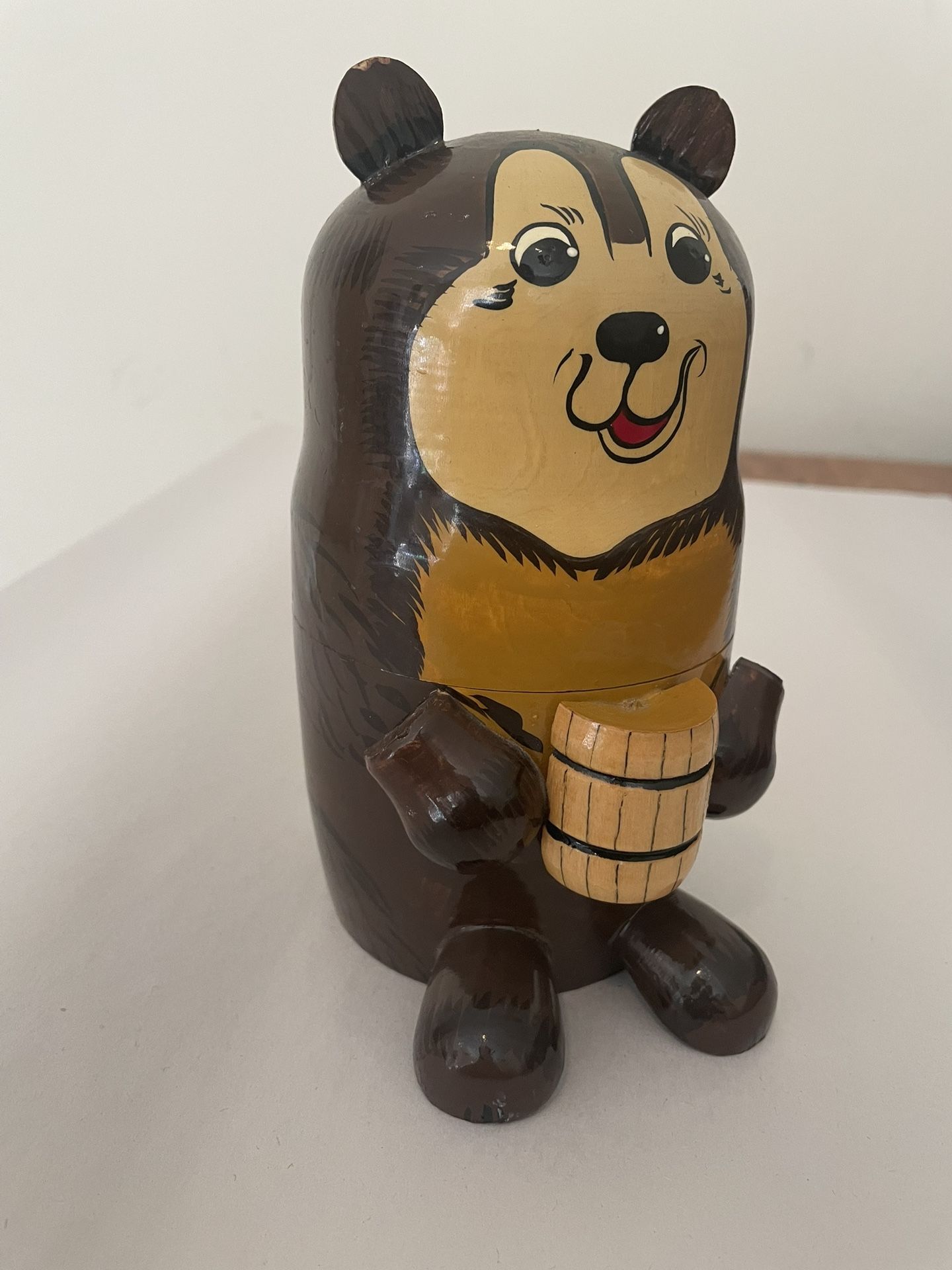 Vintage Hand Painted Wooden Bear Money Bank with Honey Barrel Coin Piggy Bank