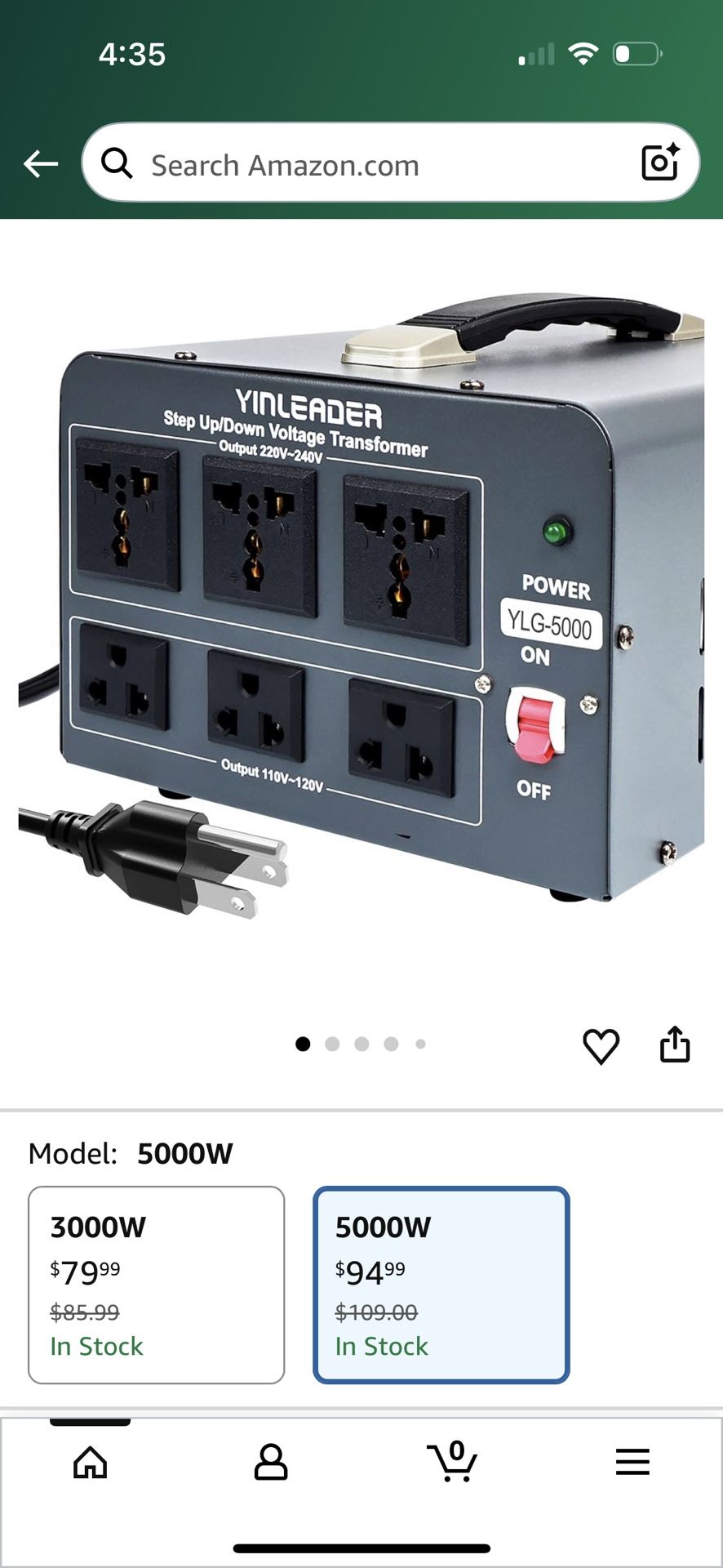 Yinleader 5000 Step Up/Down Transformer Converter 110/120 Volt - 220/240 Volt w/US Power Cord