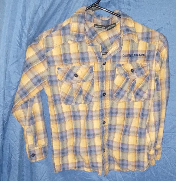 Calvin Klein Jeans boys size 7 Brown, Blue, and yellow Plaid Dress Shirt