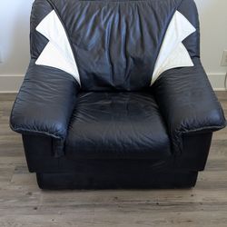 Oversized Black Italian Leather Lounge Chair- Unique White Fan Design Option
