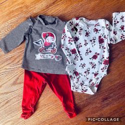 6M Catimini French Boutique Set & Old Navy 6-12 M long sleeve, onesie, red green on white Christmas ready