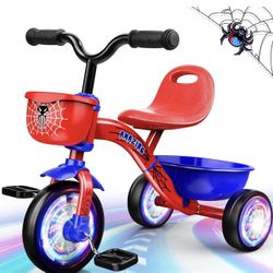 Tricycle for Toddlers 1-3 3-5 Year Olds, Spider Toddler Bike Baby Balance Bike with Colorful Lighting Wheels & Large Basket, Birthday Gift and Toy for
