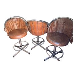 Vintage 1970's Iconic MCM Swanky Pad Oh So Madman Swanky Chrome and Cognac Vinyl Swivel 3 Bar Stools