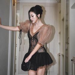 Elegant Black and Tan Lace Dress