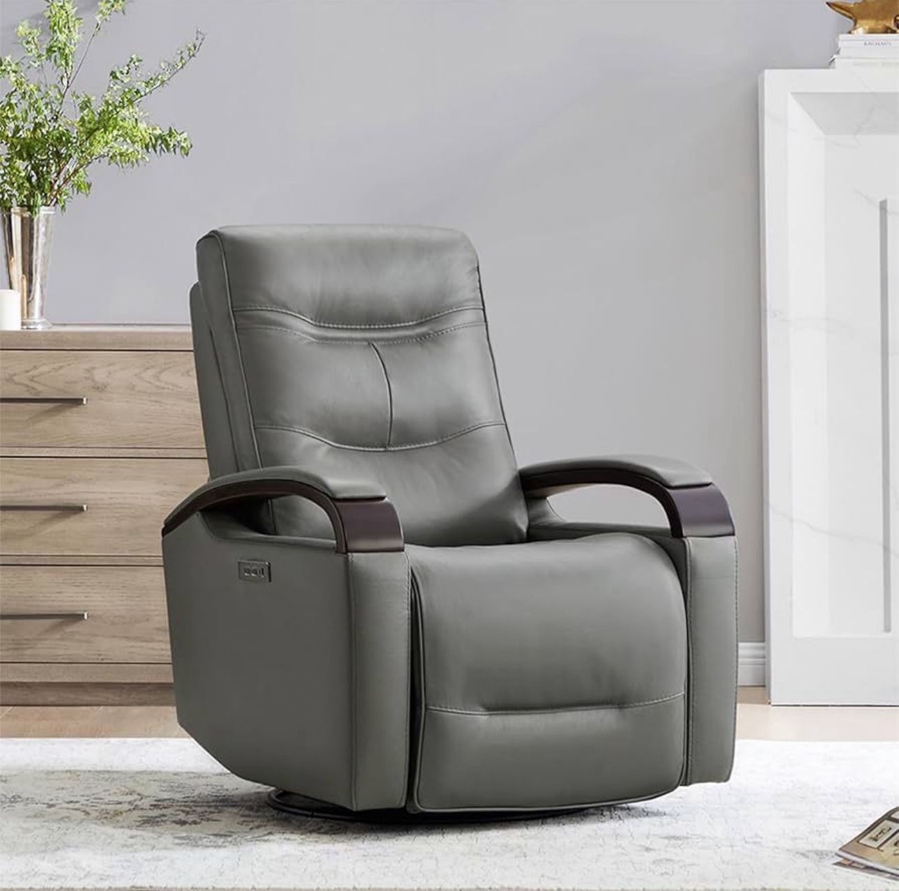 NEW CHITA Genuine Leather Power Swivel Glider Rocker Recliner, FSC Certified Mid Century Modern