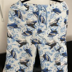 J. Khaki Men Trunks Blue Surf Swim Board Drawstring Pockets Shark Printed XL