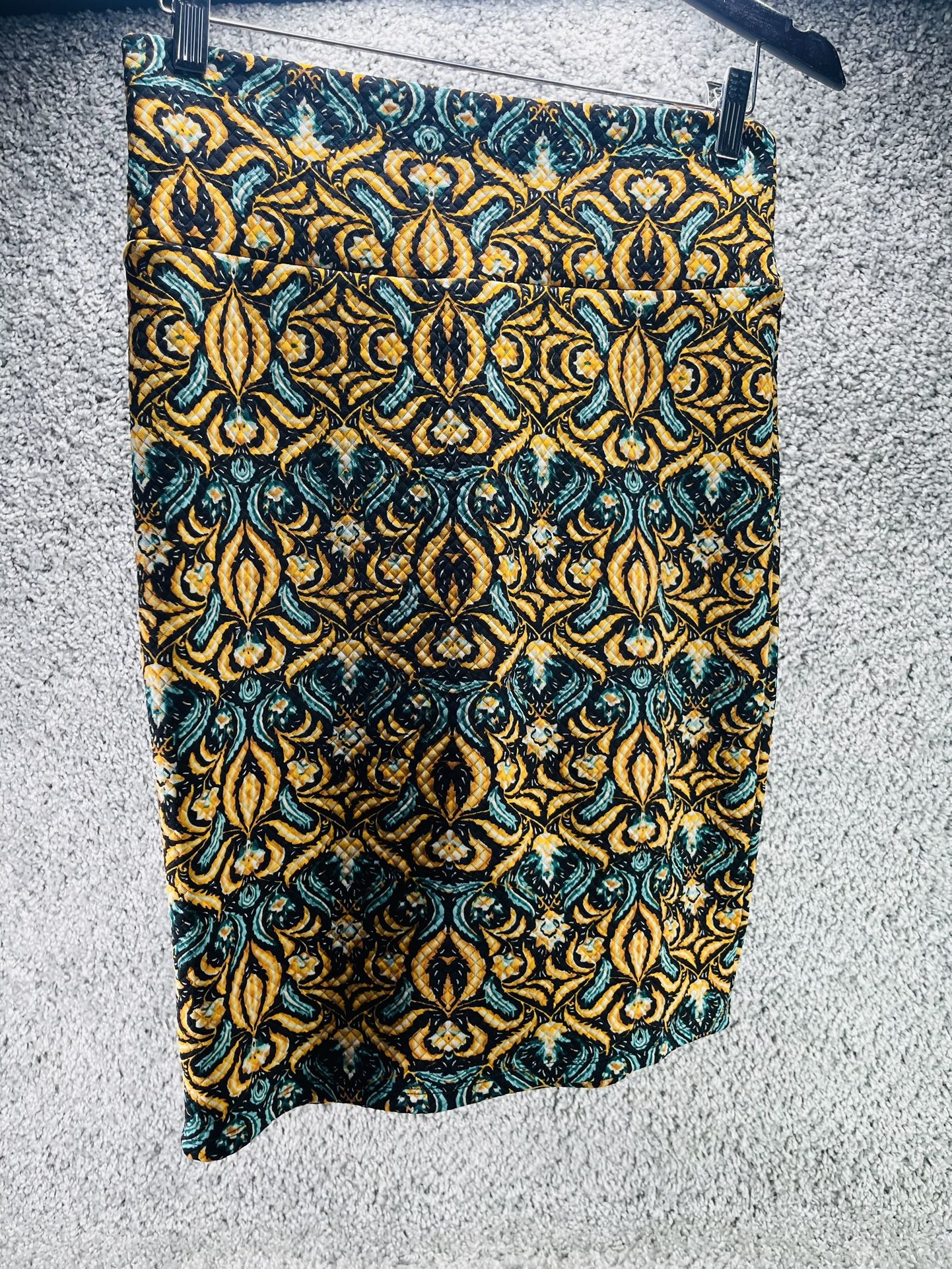 LuLaRoe Cassie Pencil Skirt Size Small Gold Blue Abstract Print Stretch Fabric