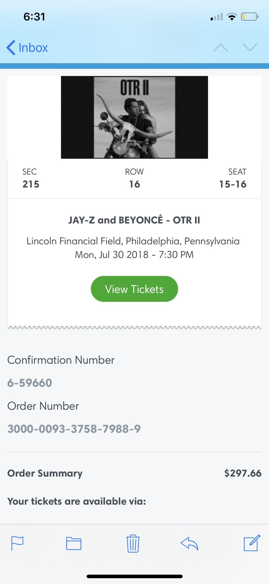 ON THE RUN TOUR 2 TICKETS!!!!!RETAIL PRICE!!!!$300$$$$