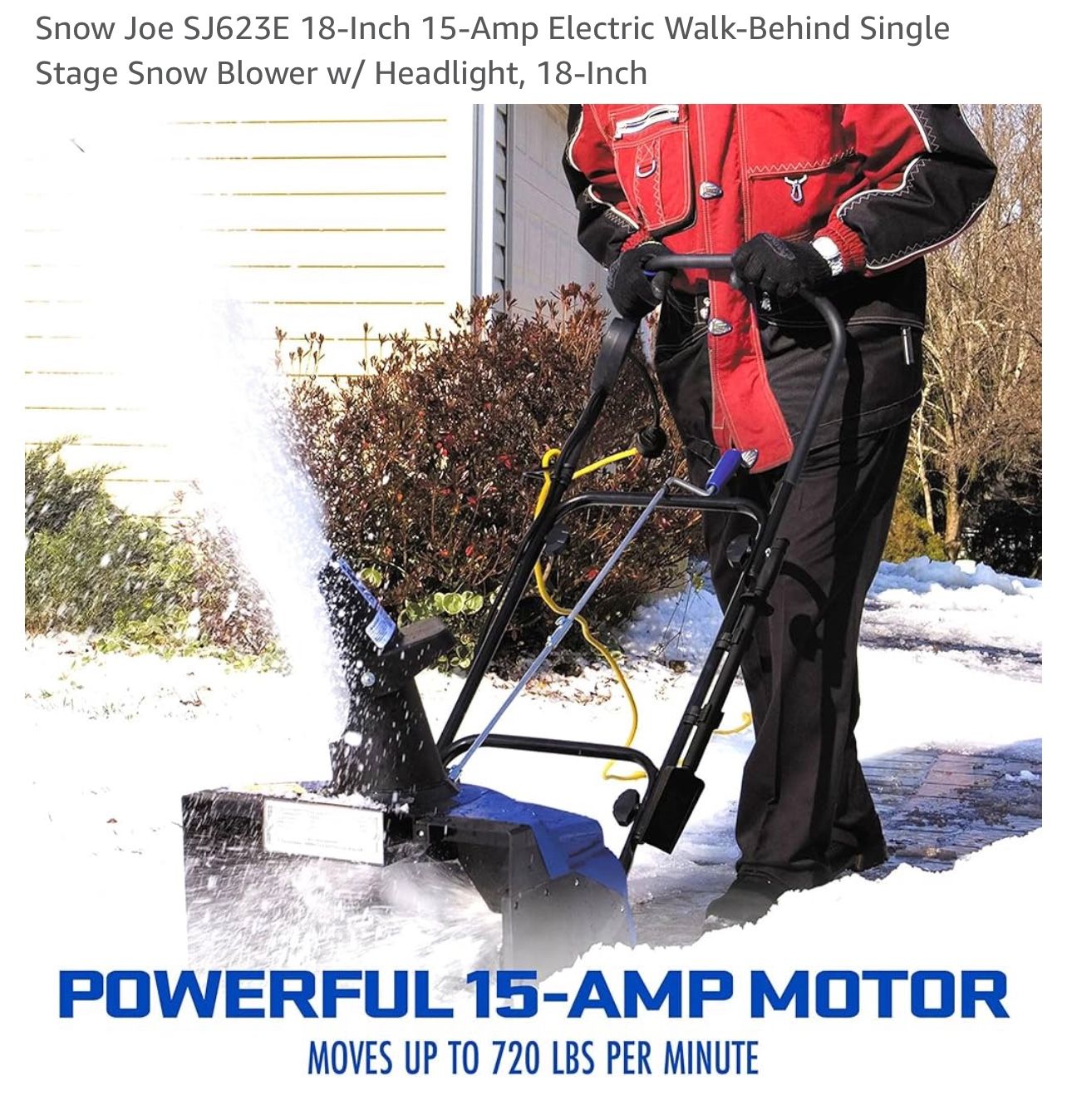 Snow Blower - Snow Joe SJ623E 18-Inch 15-Amp Electric Walk-Behind Single Stage Snow Blower w/ Headlight, 18-Inch