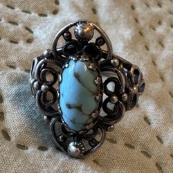925 Silver Filigree Floral Design Turquoise Ring Size 8 US