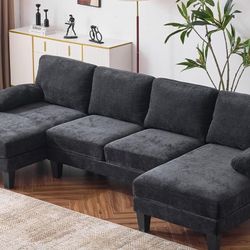 110" Sectional U Shaped Couch with Double Chaise, 4-Seat Sofa Set with Chenille Fabric - Black