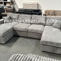 New! 120” Double Chaise L Sectional, Gray Sectional, Grey Couch, Corduroy Sectional, Plush Sofa, U-shaped Couch, Sofas, Large Sectional, Furniture