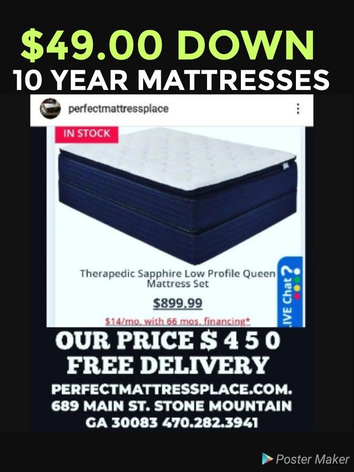 10YEAR SPA MATTRESSES AT PERFECT MATTRESS PLACE $350