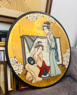 Hermoso cuadro redondo pintado en madera antiguo