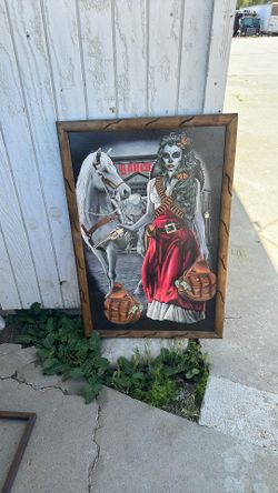 Catrina Lady With White Horse Image 36"x24" Wooden Rustic Frame, Hecho En Mexico