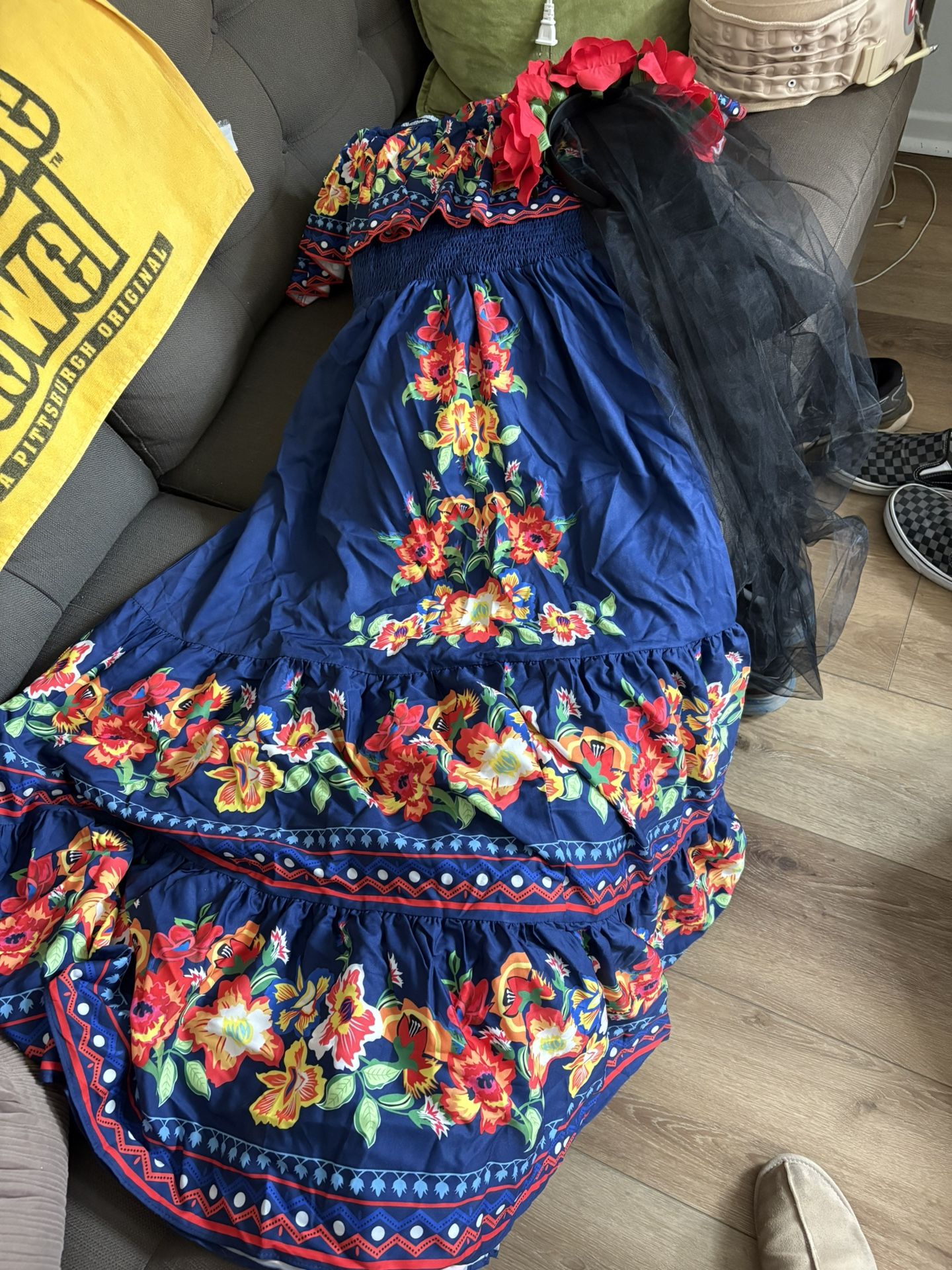 Women Day Of Dead Spanish Costume Dress With Rose Veil