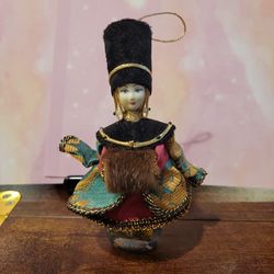 Porcelain & Fabric Russian Doll Ornament 4.5" Mini Elaborate Costume B3Xmas