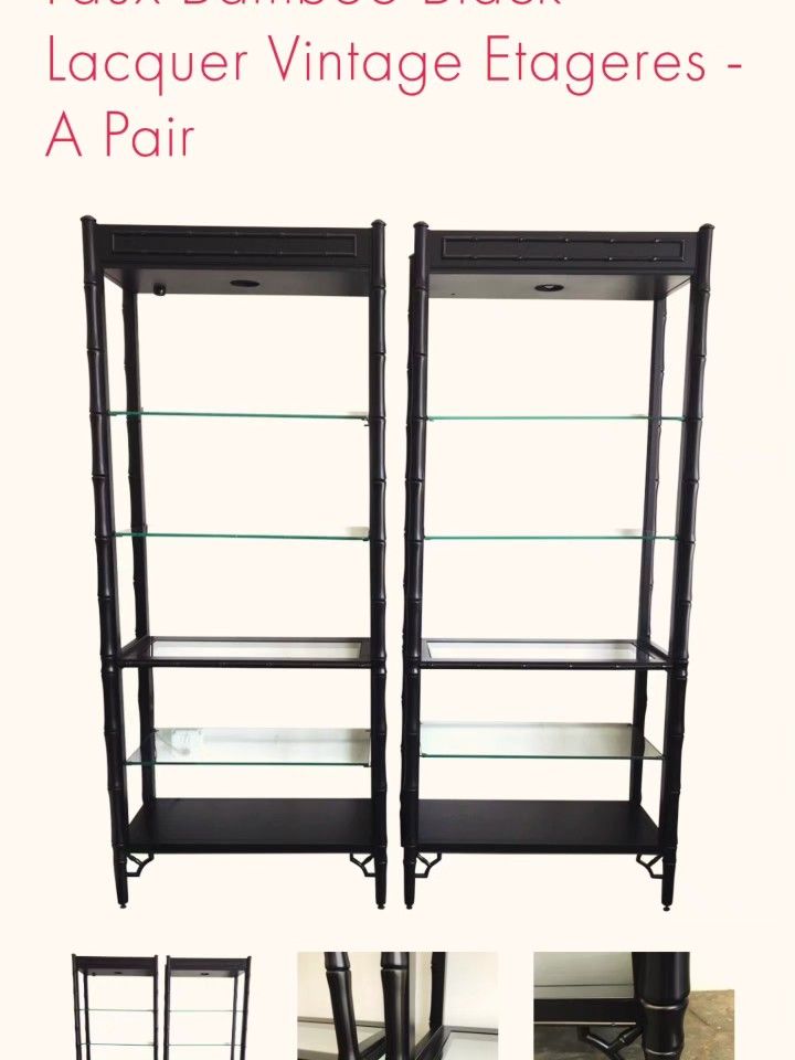 Vintage faux bamboo fretwork details pair of etageres shelves displays