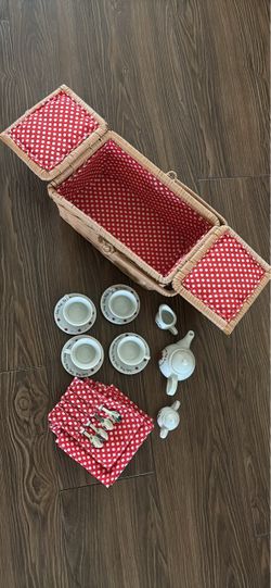 Children's Porcelain Tea Set with Wicker Basket