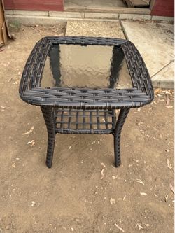 Outdoor Wicker Patio Side Table w/ Storage Shelf
