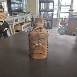 Panama Leather Covered Bottle Of Centenario Rum ( Empty) Hand-painted W/Panama Canal & The Centennial Bridge- Flask Size