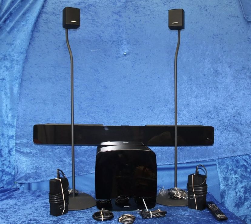 Bose 300 Deluxe Home Theater System Soundbar Subwoofer and Boss Speakers & Stand