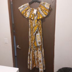 New African Long Dress-Gold & Navy -OSFM