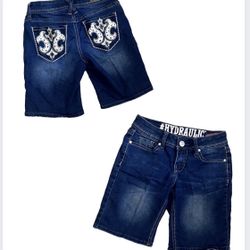 Juniors Hydraulic Jean Shorts Size 1/2 Dark Blue Denim Patched Packets MINT