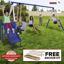Sportspower Arcadia Metal Swing Set with Trapeze, 2 Person Glider Swing, 5' Double Wall Slide with Lifetime Warranty, and Bonus Anchor Kit, Great for 
