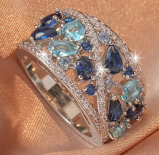 Luxury 14K White Gold Plated Sapphire Turquoise Cubic Zirconia Ring Size 9